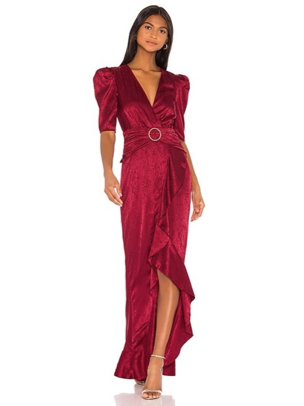 Song Of Style Revolve Burgundy Satin Jacquard Puff Sleeve Maxi Dress Size Small